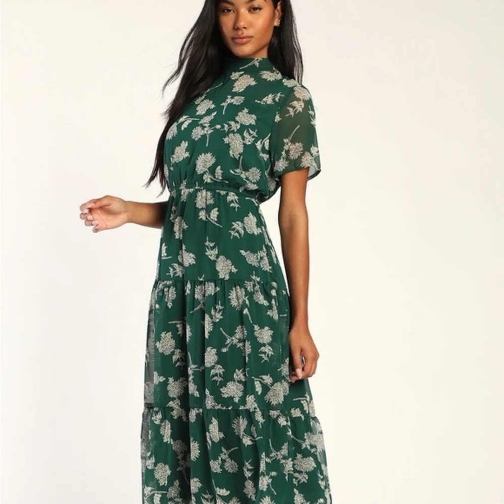 NWT LuLu's Floral Dressed Up Dark Green Floral Print Midi Dress Size Small